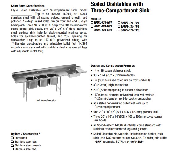 Stainless steel soiled dishtable with 3 compartment sink